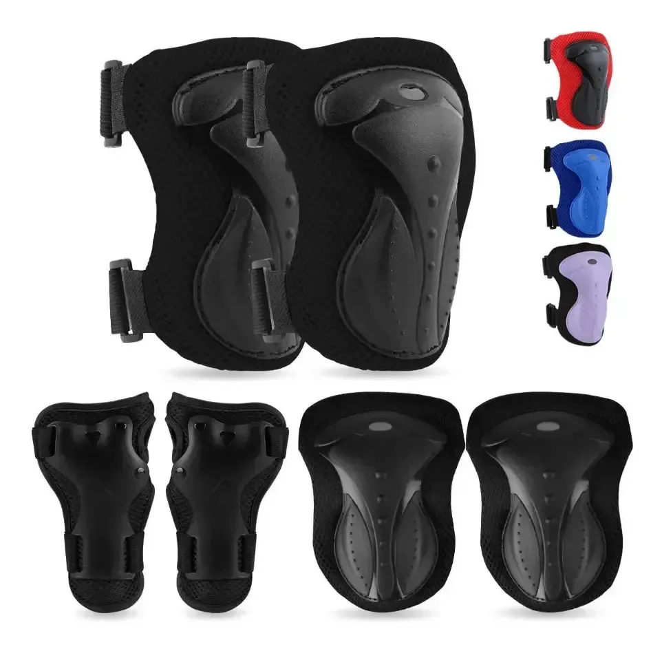 Kit de proteção de skate SUNRISES para adultos e adolescentes, cor: preto, equipamento de proteção de 6 peças, joelheiras, cotoveleiras e pulseiras para bicicleta, scooter, skate e skate