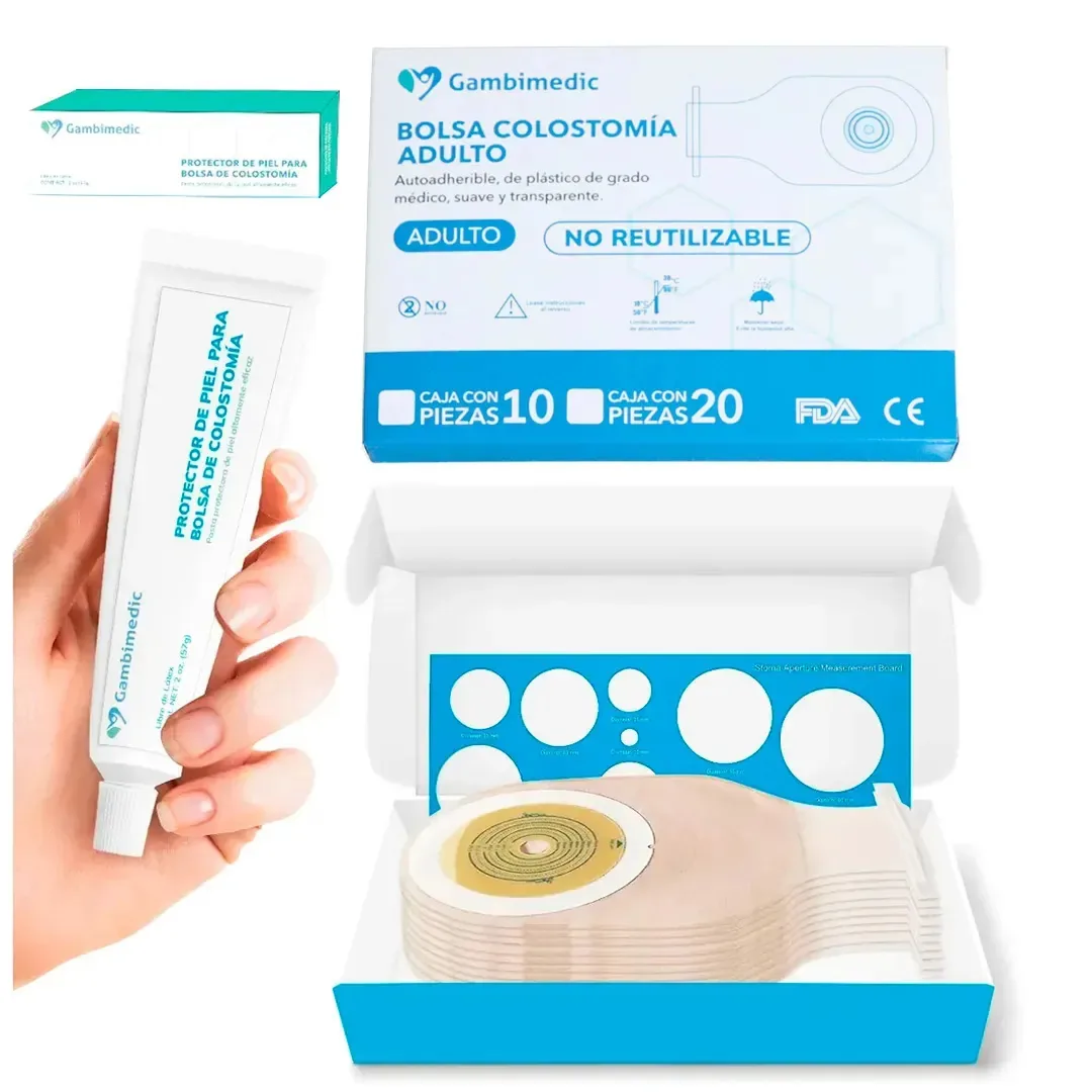 Kit Gambimedic: bolsa de colostomia de 10 peças e pasta protetora, inclui guia