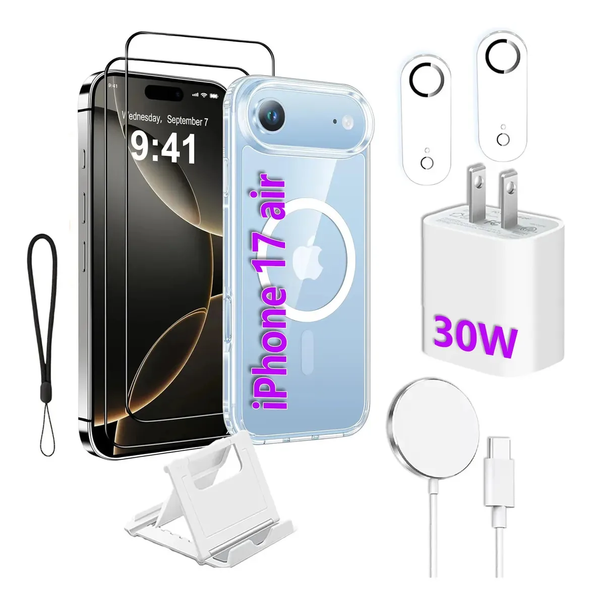 Capa para iPhone + Carregador 30w +carregador sem fio +mica para a série iPhone 17 Air