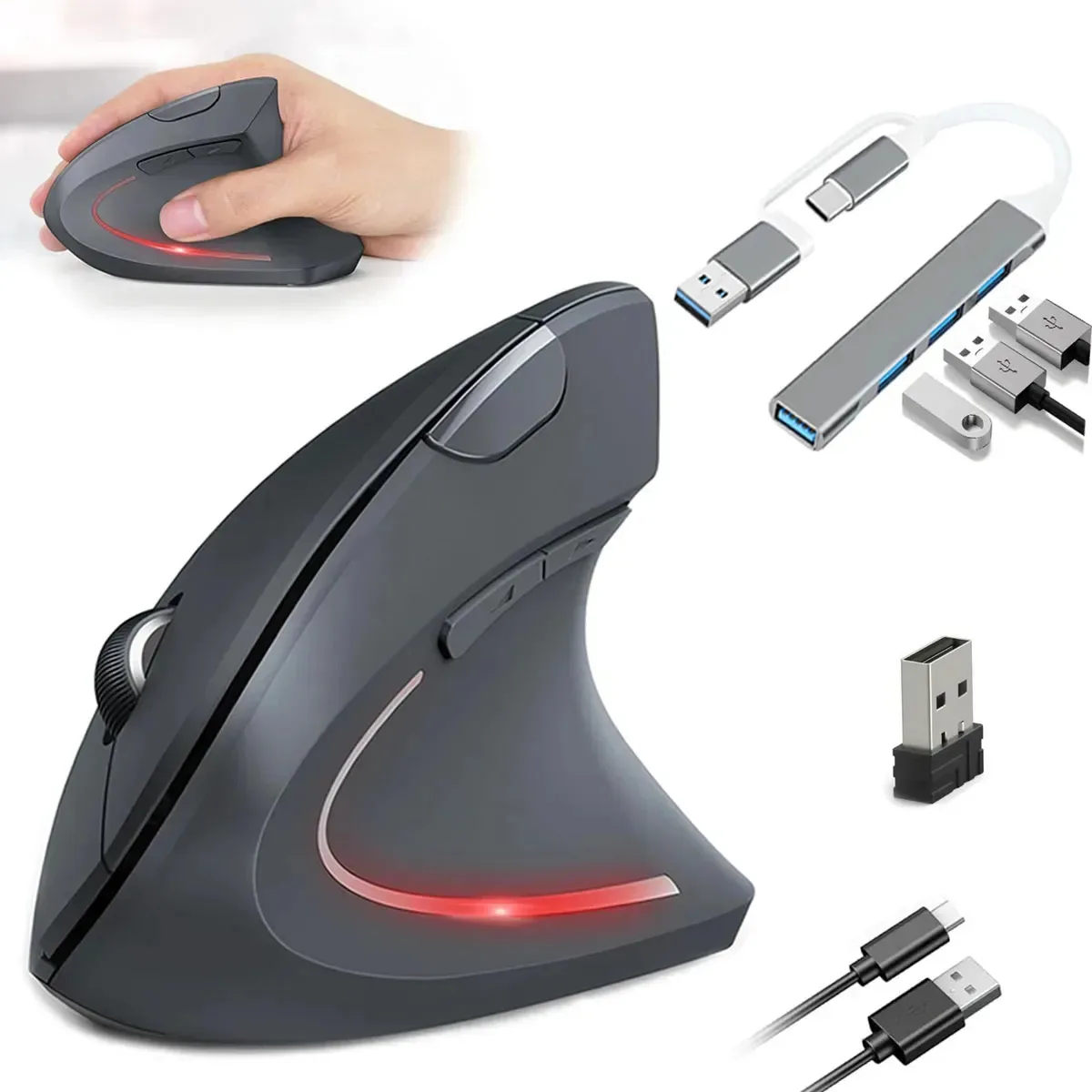 Mouse sem fio vertical 2,4g para Mac Windows e Hub cinza