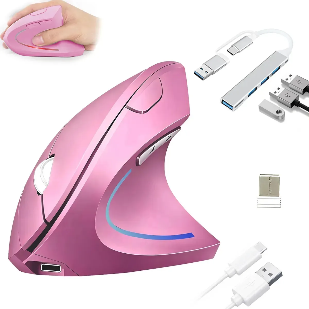 Mouse sem fio vertical 2,4g para Mac Windows e Hub Morado