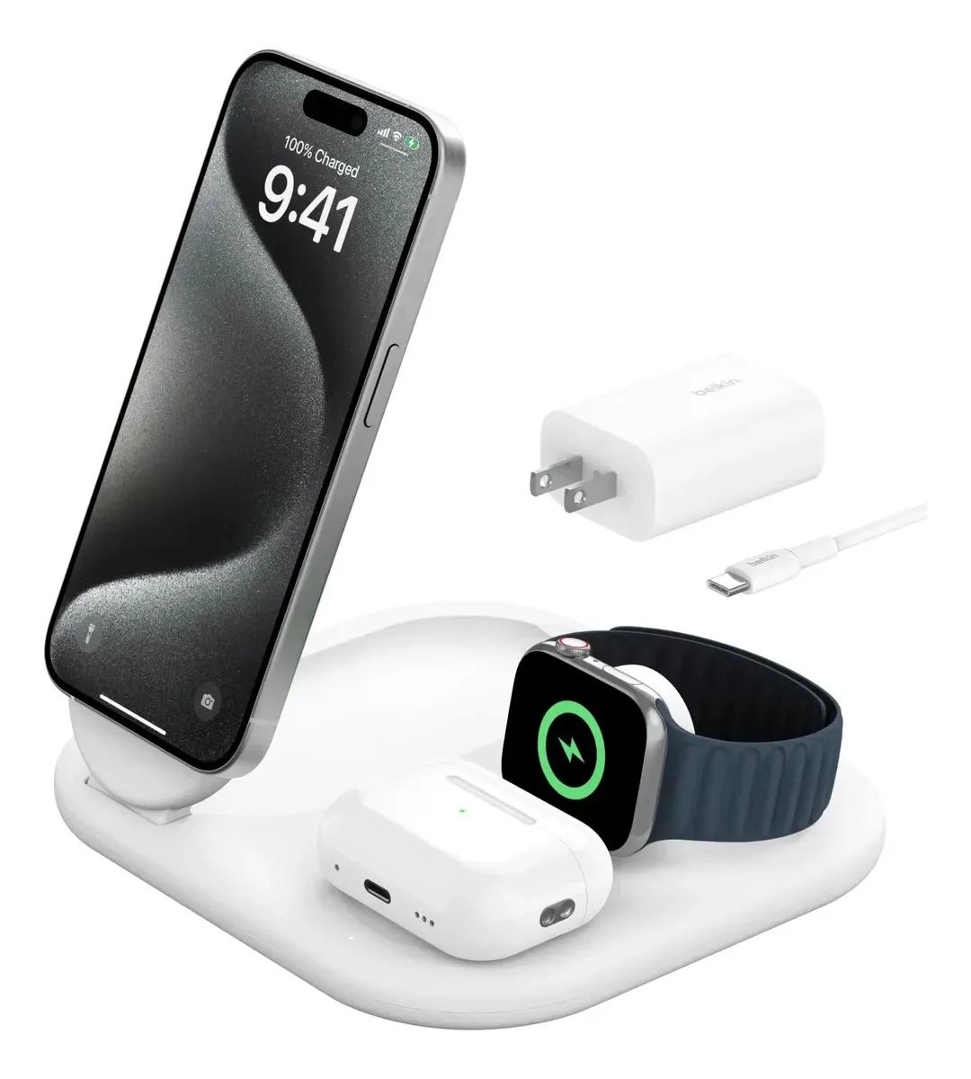 Belkin Magsafe - carregador de iPhone compatível com Magsafe, carregador magnético dobrável 3 em 1, 15 W, estação de carregamento sem fio com certificação Qi2 para iPhone 16, Apple Watch, AirPods...