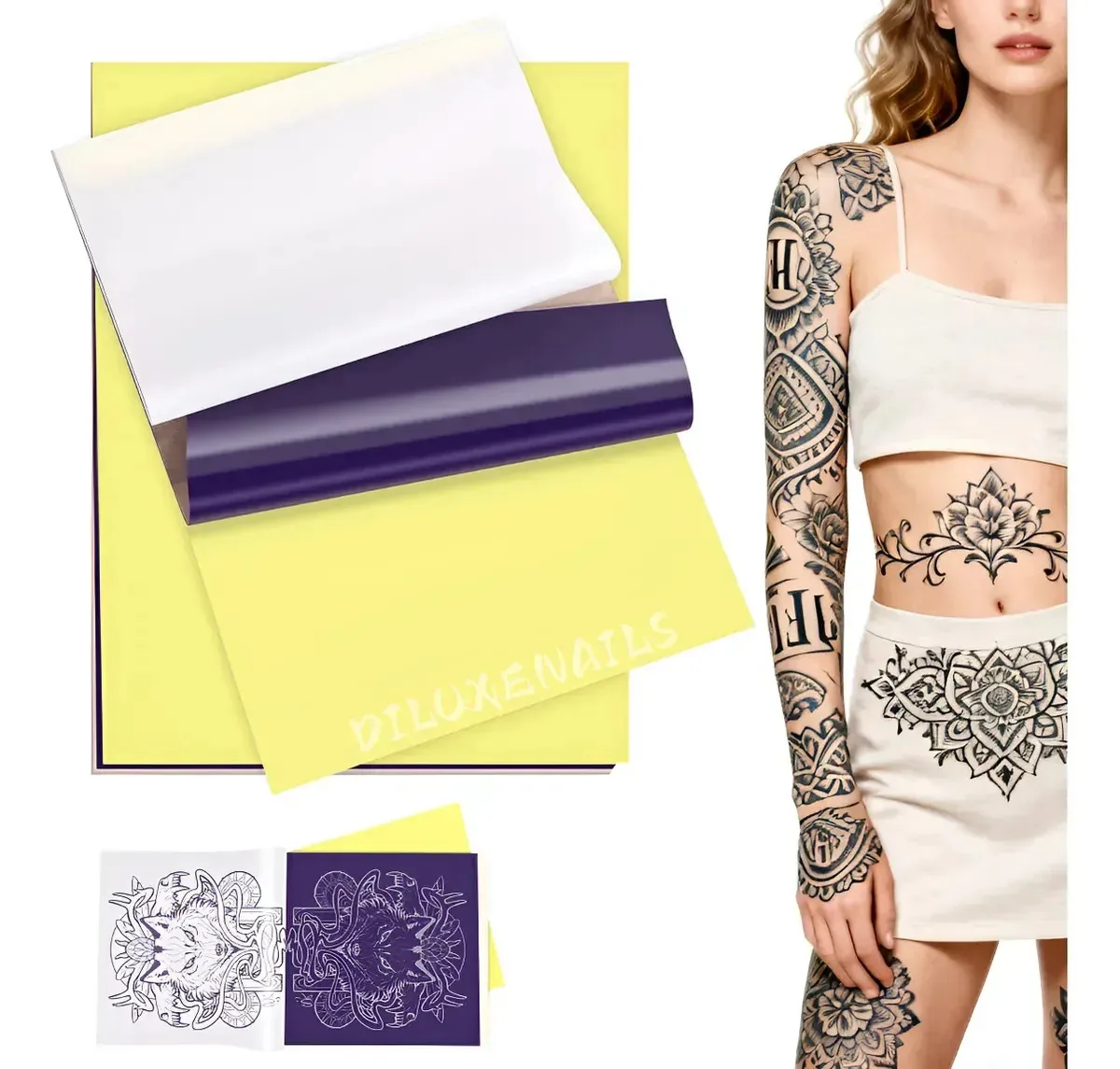 Papel de tatuagem térmica de transferência profissional de 100 folhas Kit de papel carbono de 4 camadas para impressora térmica Lysent e estênceis de tatuagem