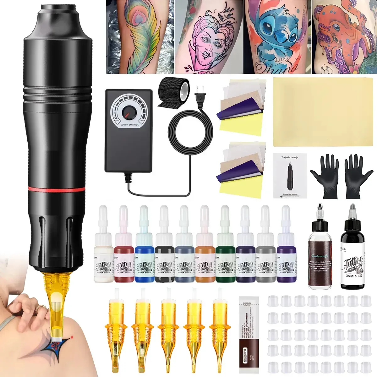Kits de tatuagem para iniciantes e kits de tatuagem profissionais pretos, ampla variedade de especialidades