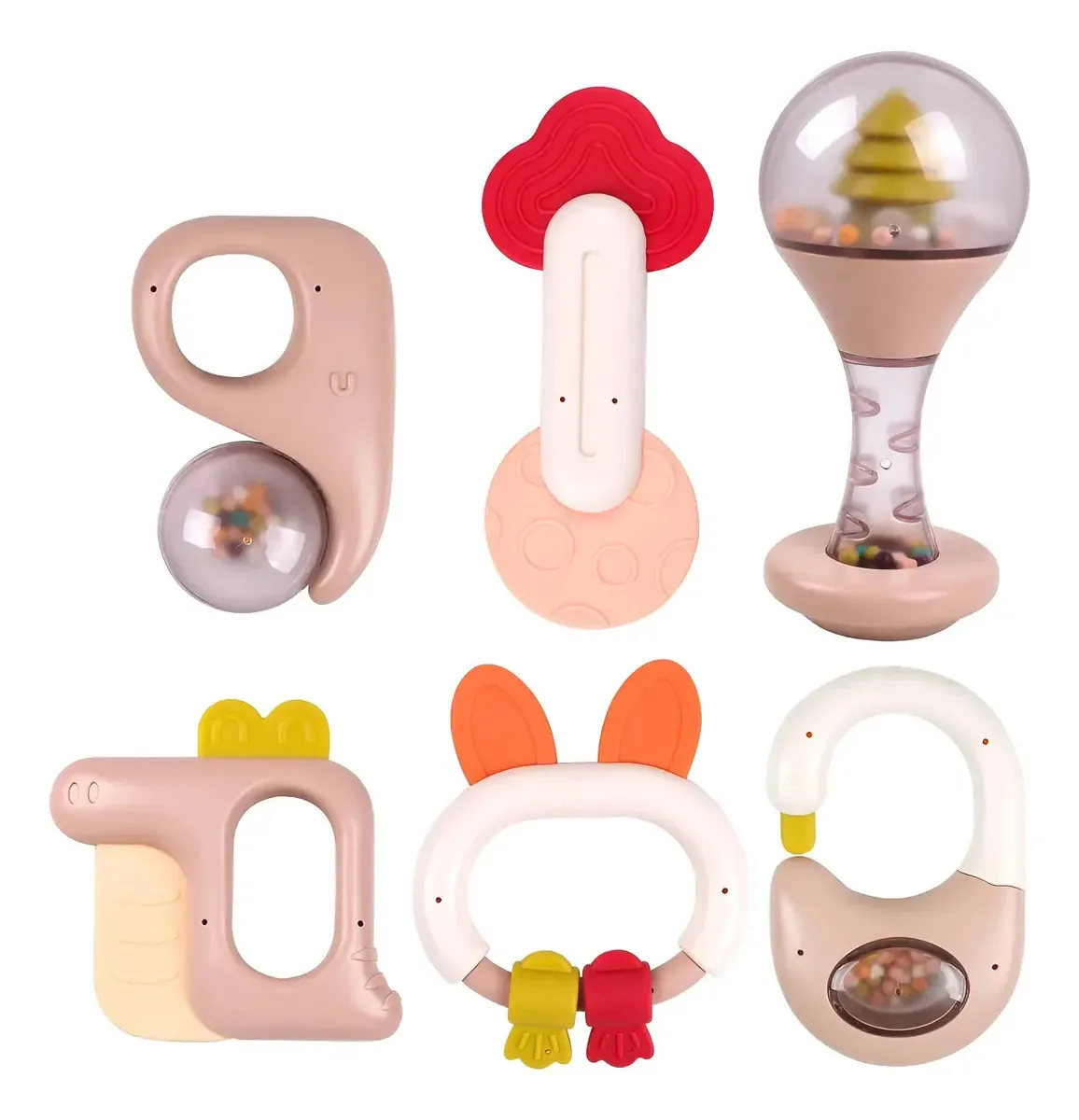 Conjunto de 6 peças — Conjunto de chocalhos para dentição sensorial para bebês, pacote bege, pacote com 6 peças
