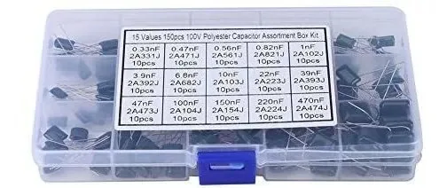 Capacitor de poliéster, 150 unidades, 100v, 15 valores, 0,33nf-470nf, capacitores eletrolíticos, kit de capacitor de filme de poliéster