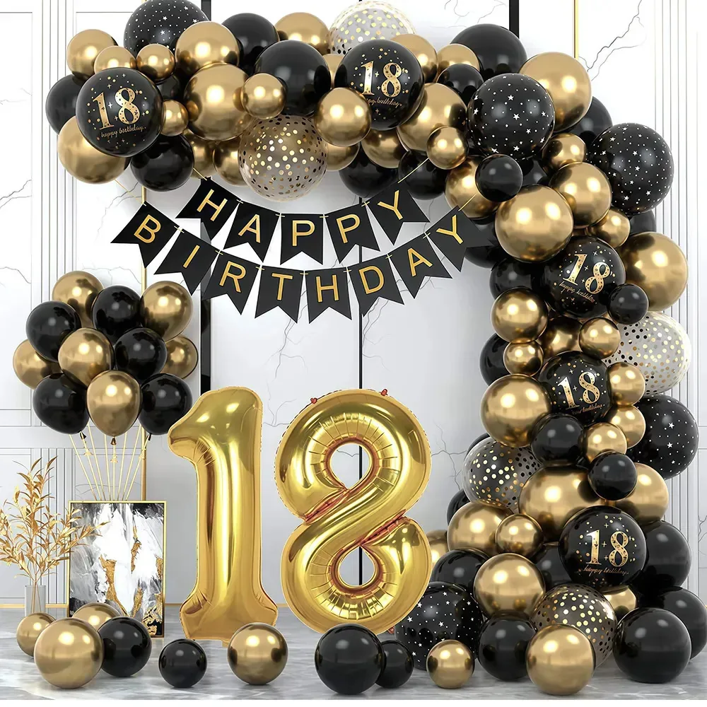 Balões de aniversário Kwalux pretos e dourados, 100 peças, acessórios de festa, decoração de aniversário, balões de festa, shows, festa de 18 anos