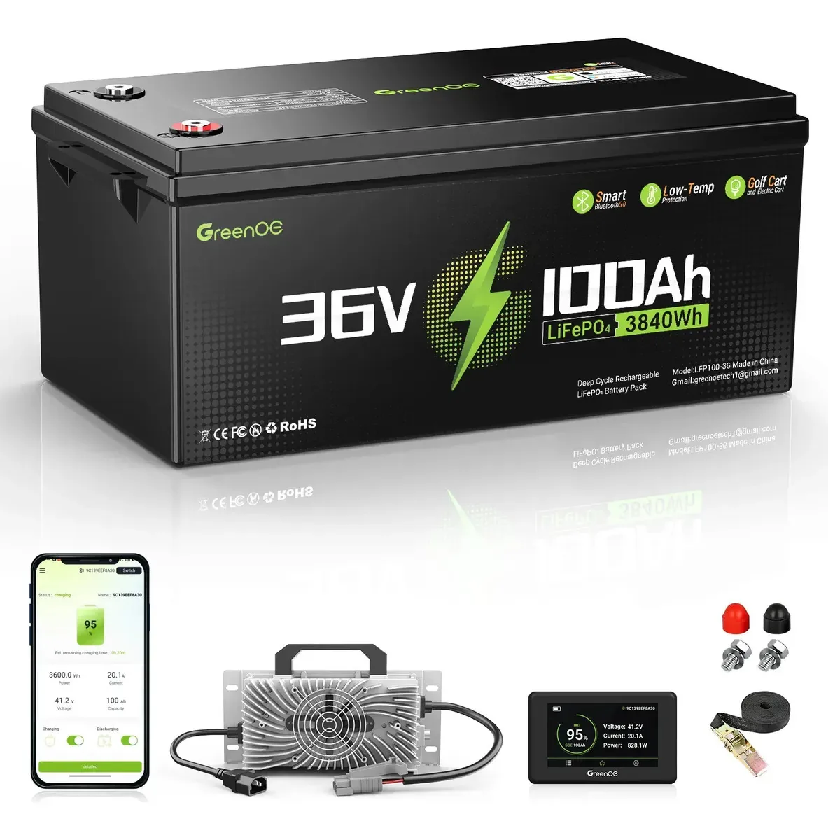 Bateria Greenoe Greenoe 36v 100ah 3840wh Lifepo4 com monitor de bateria e carregador de alta potência adequada para carrinhos de golfe, sistemas solares, motorhomes, equipamentos marítimos, vans, etc.