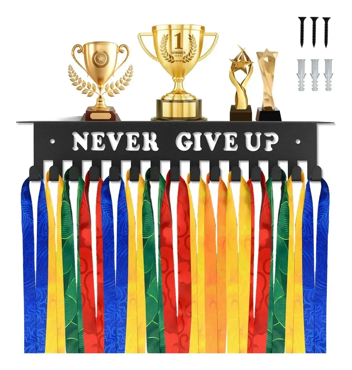 Display de medalhas de aço inoxidável/display de medalhas esportivas preto equipado com 15 ganchos pesados, contém várias medalhas, ideal para pendurar medalhas esportivas