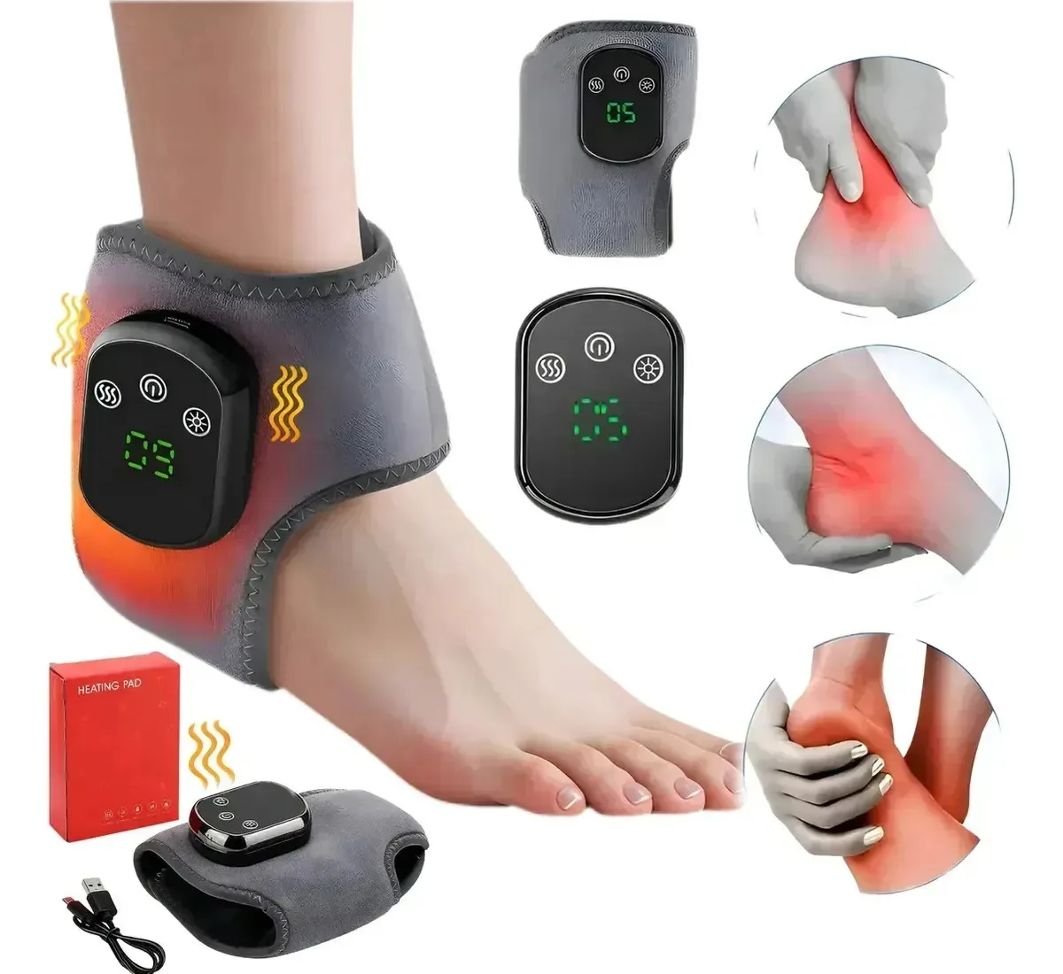 Massageador de pés, cinta térmica de tornozelo 2026, modelo atualizado, 5 níveis de aquecimento, 5 níveis de intensidade de vibração, massagem cinza
