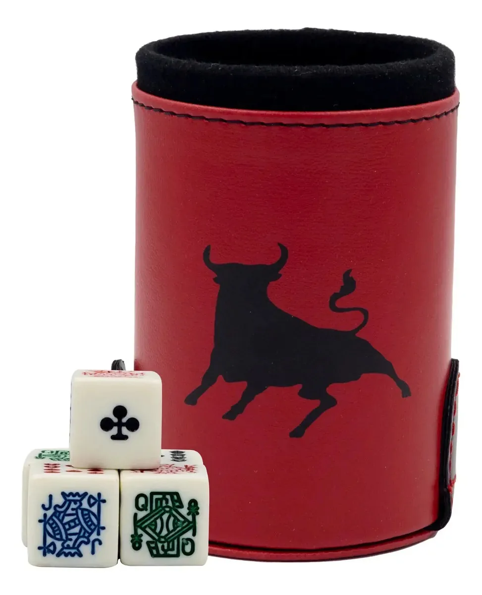 Copo Toro De Lidia com estojo de dados. 5 dados vermelhos gravados