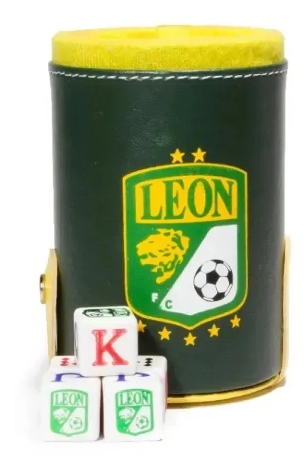 Taça Club León com estojo de dados. 5 dados verdes e amarelos gravados