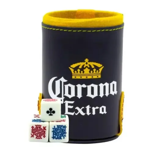 Copo de cerveja Corona com suporte de dados. 5 dados gravados em preto