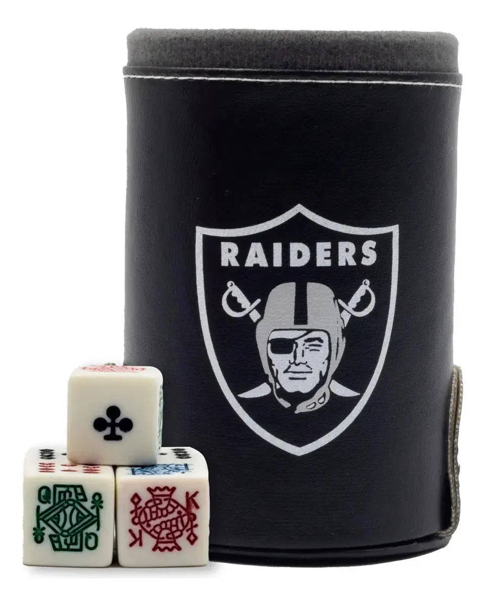 Copa Oakland Raiders com estojo de dados. 5 dados pretos gravados