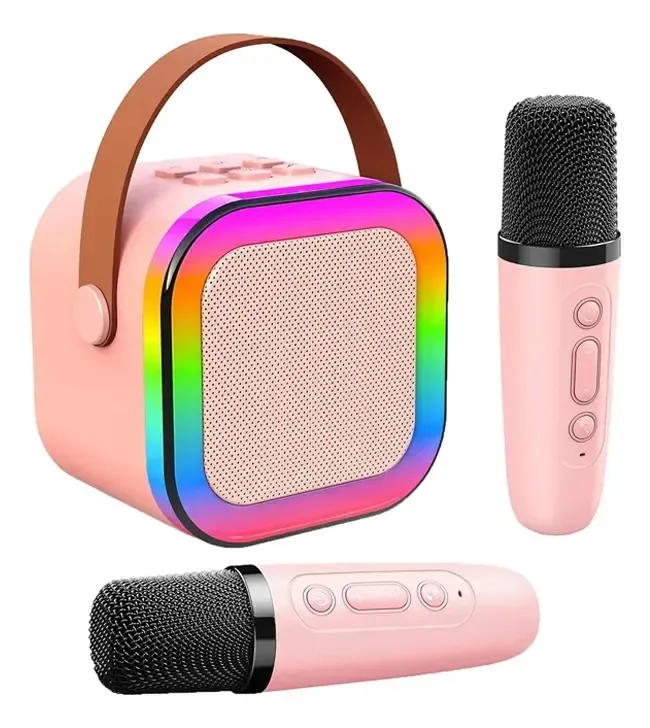 2 microfones sem fio com máquina portátil de karaokê rosa