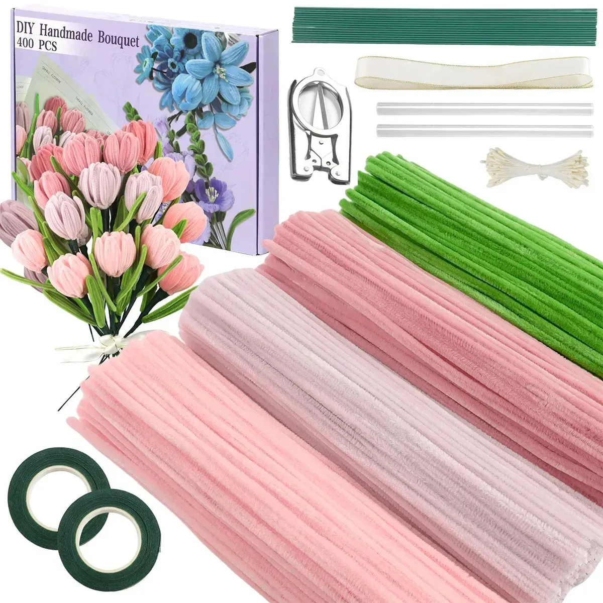400 Piezas De Materiales Para Hacer Ramos De Flores, Varitas Retorcidas Para Hacer Flores Diy, Regalamos Tijeras De Color Rosa