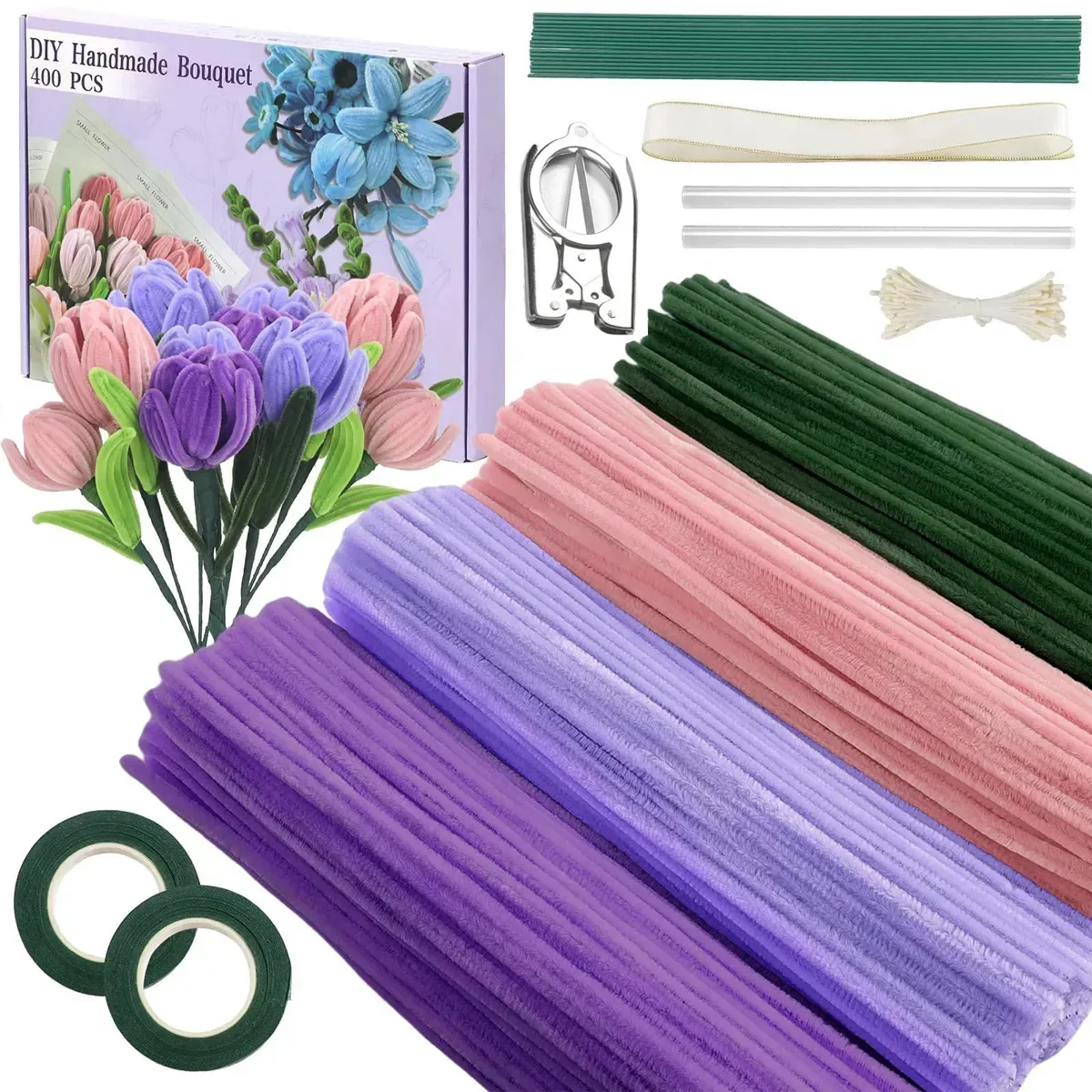400 Piezas De Materiales Para Hacer Ramos De Flores, Varitas Retorcidas Para Hacer Flores Diy, Regalamos Tijeras De Color Morado