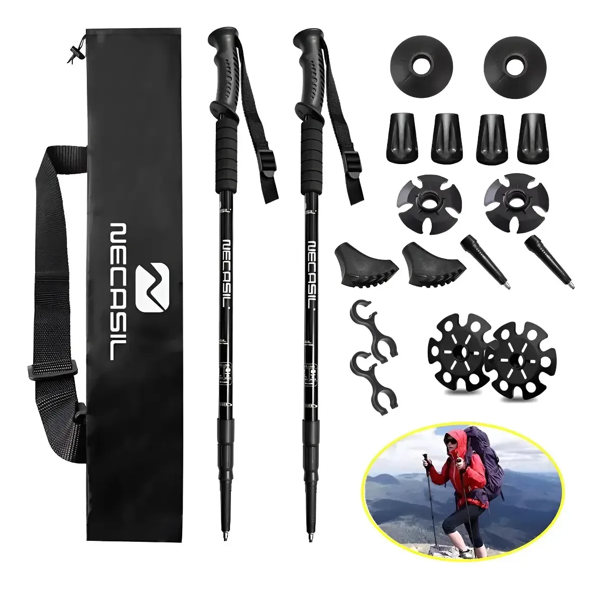 2 bastões de trekking dobráveis profissionais - pretos