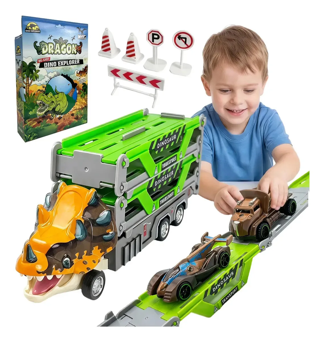 Brinquedo Dinosaur Car Track para crianças com lançador verde