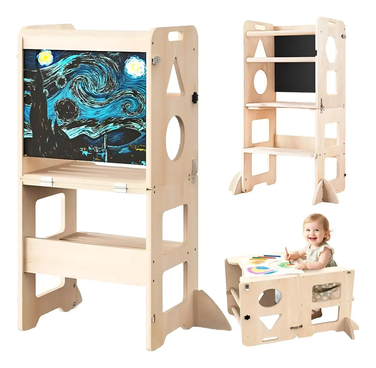 Torre de aprendizagem dobrável Montessori 3 em 1 com quadro branco de madeira