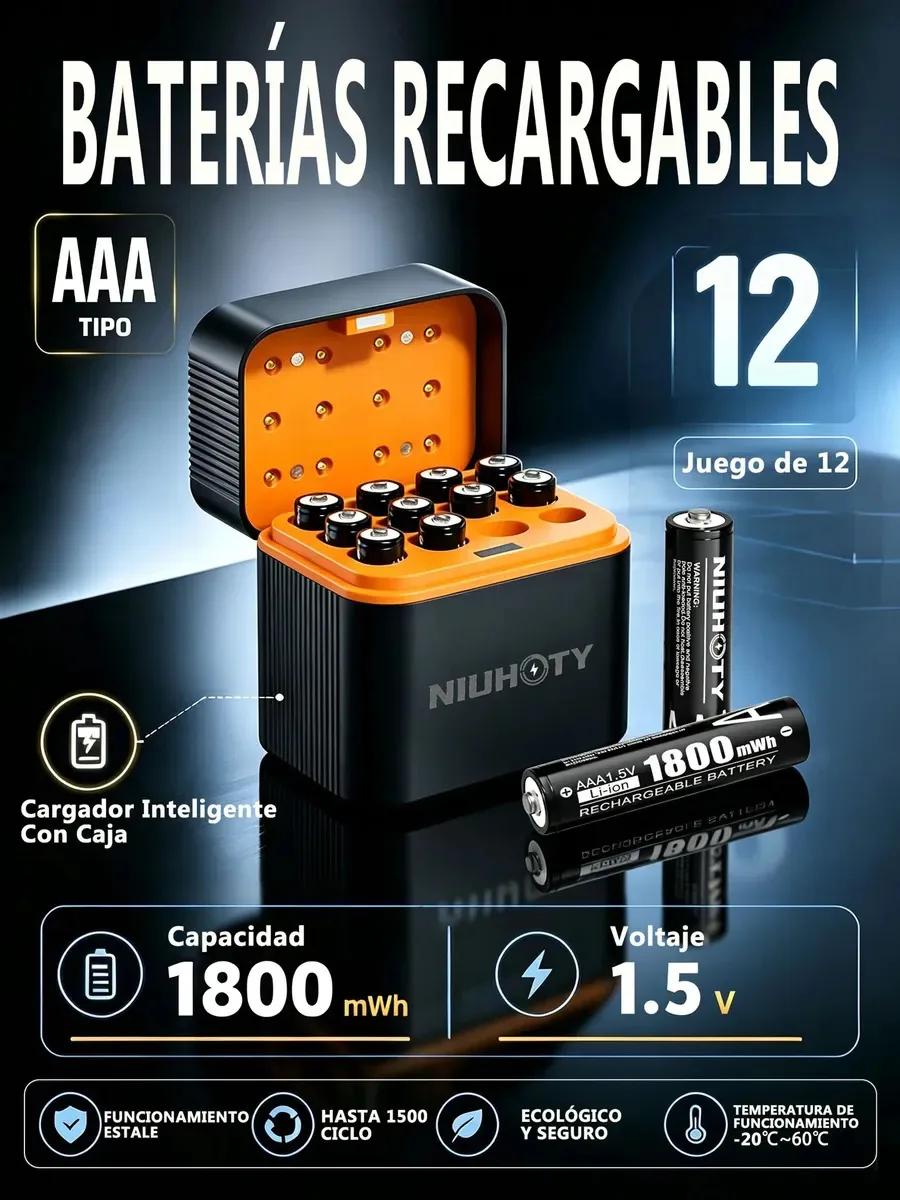 Carregador com 12 pilhas AA de lítio recarregáveis, para dispositivos eletrônicos