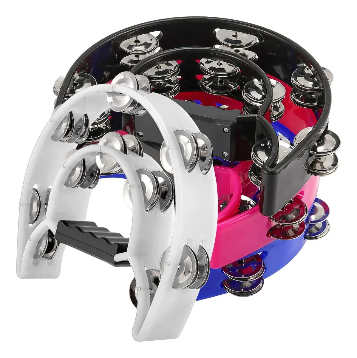 Pacote Sinjeun de 4 pandeiros de duas fileiras de 10 polegadas, percussão de metal com alça ergonômica, 4 pandeiros musicais de cores crescentes para iniciantes, igreja, KTV, festas