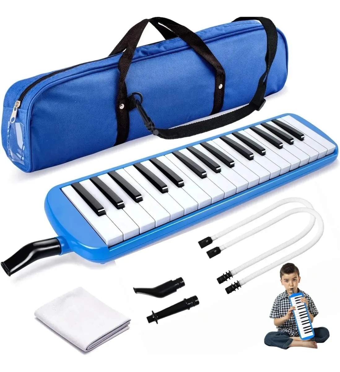 32 Key School Melodica com estojo e bocal de tecido azul