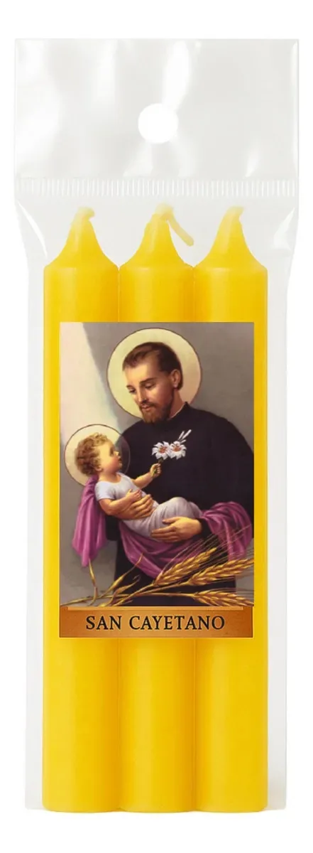 Kit de 3 velas e carimbo de fé e trabalho de San Cayetano San Cayetano amarelo