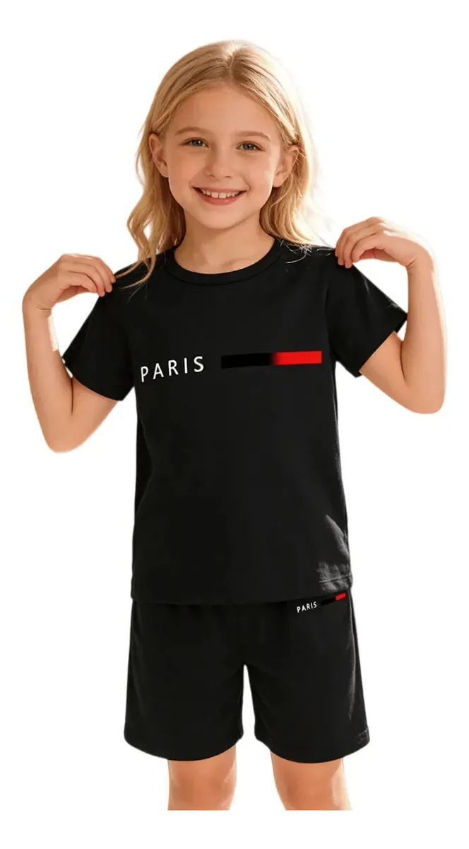 Conjunto infantil moderno de calças soltas com bolso e camiseta, cor preta, tamanho GG