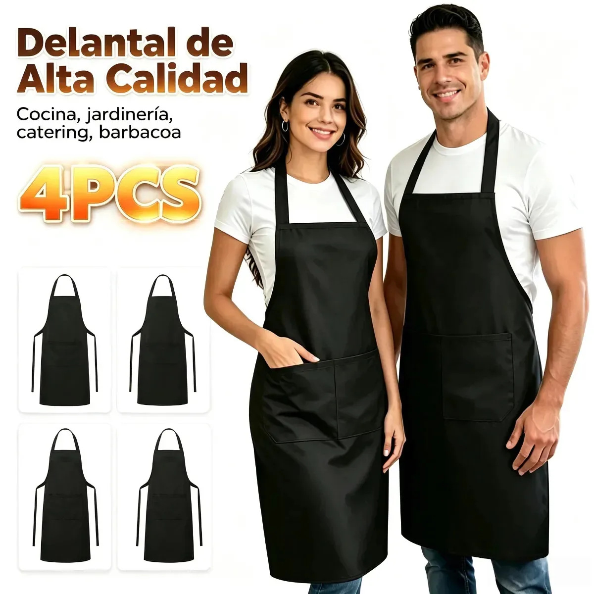 4 peças Delantales Negros unissex com dois bolsos, correia lateral de 60 cm, mandíbulas de cozinha, mandíbulas para chef, camarero, barbeiro, cozinha HOOVOO Mandiles Negros