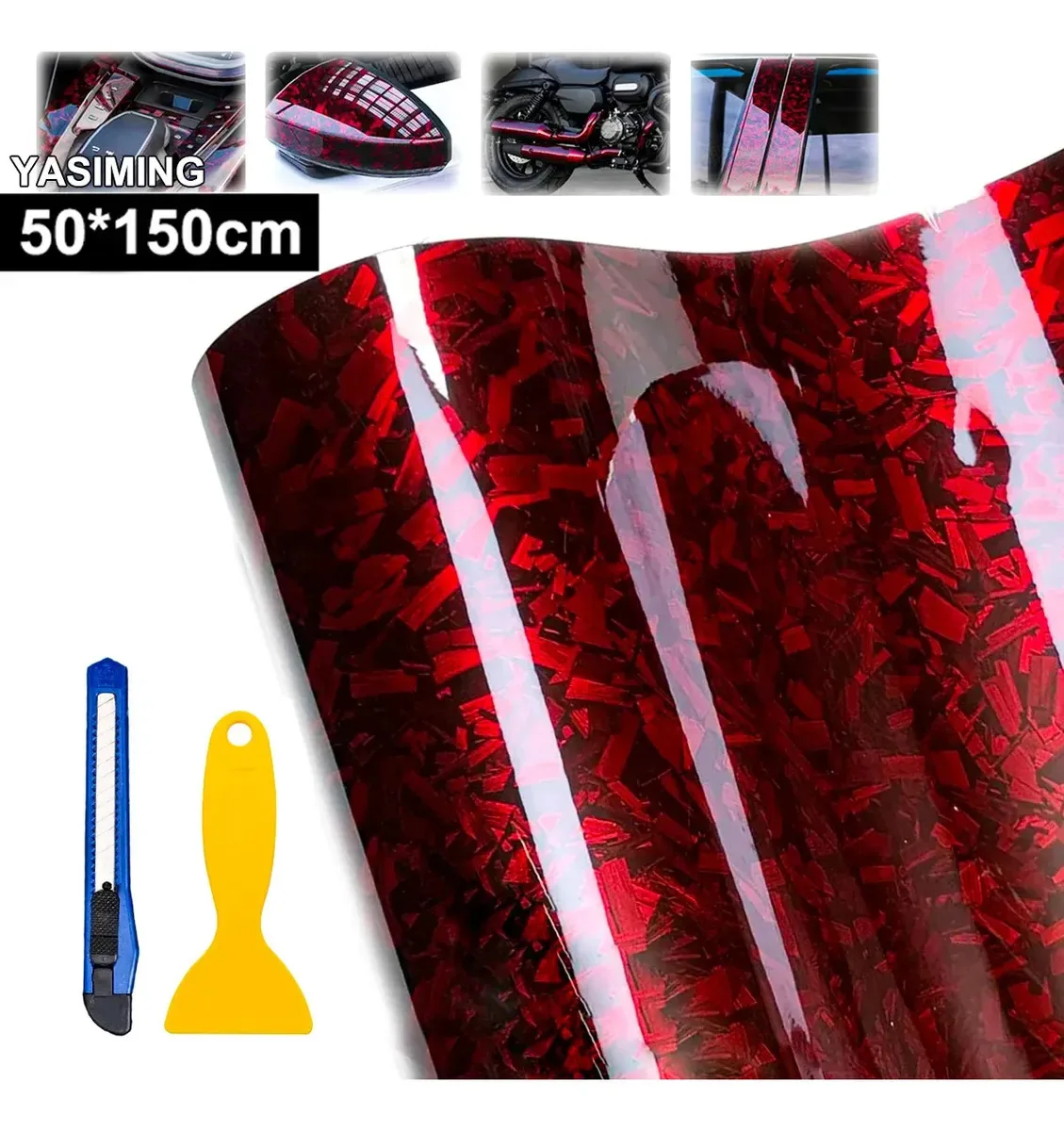 Adesivo impermeável automotivo de fibra de carbono de vinil e carbono, 50 x 150 cm de carbono, acessórios Yasiming Tuning para componentes de motocicletas, com acessórios de instalação, vermelho
