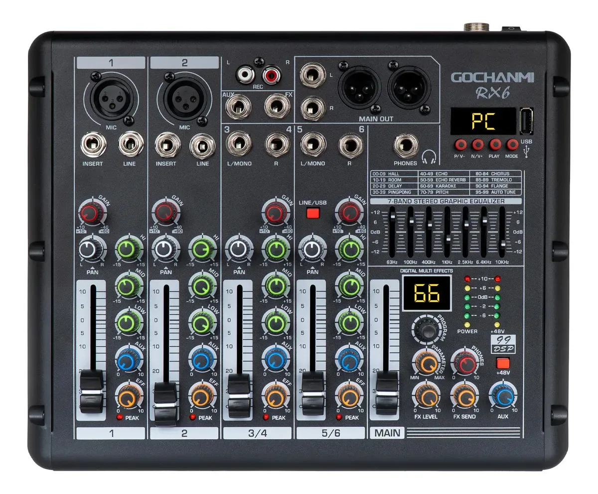 Mesa De Som Profissional Gochanmi Rx6 Mixer 6 Canais 99 Dsp