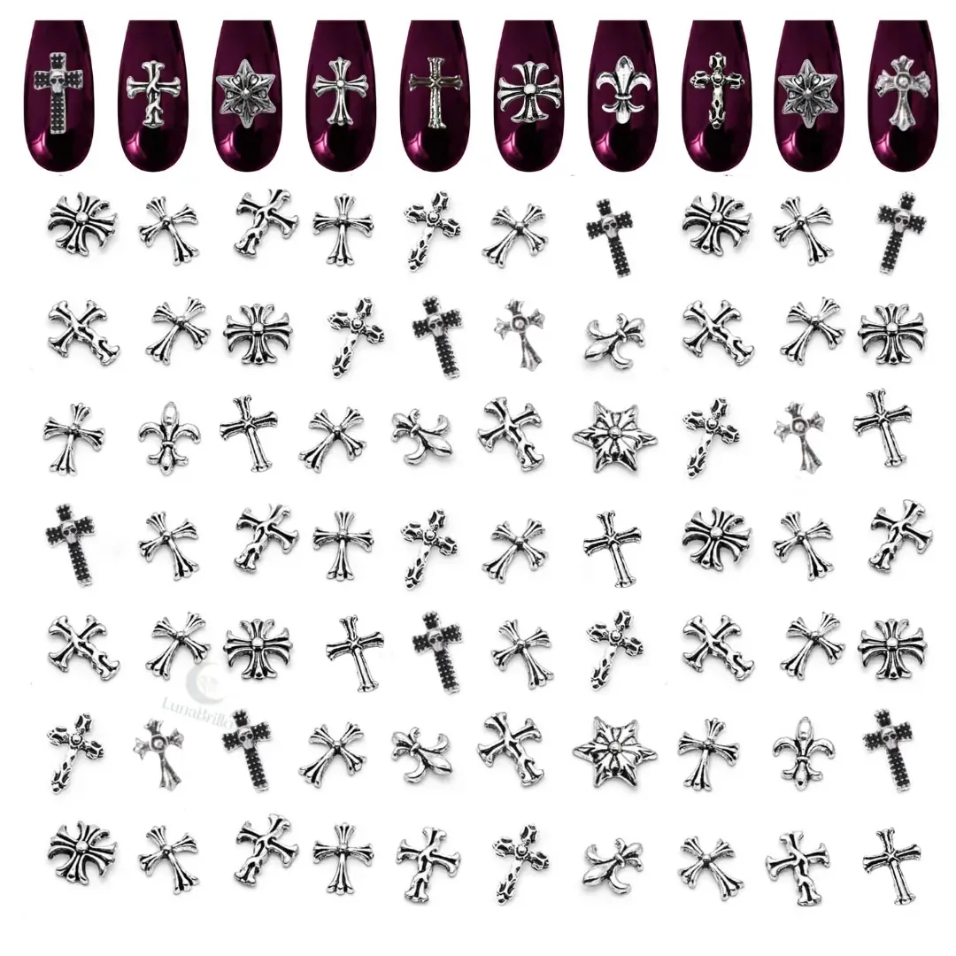 100 peças de decoração de unhas cruzadas prateadas, pedras de unhas
