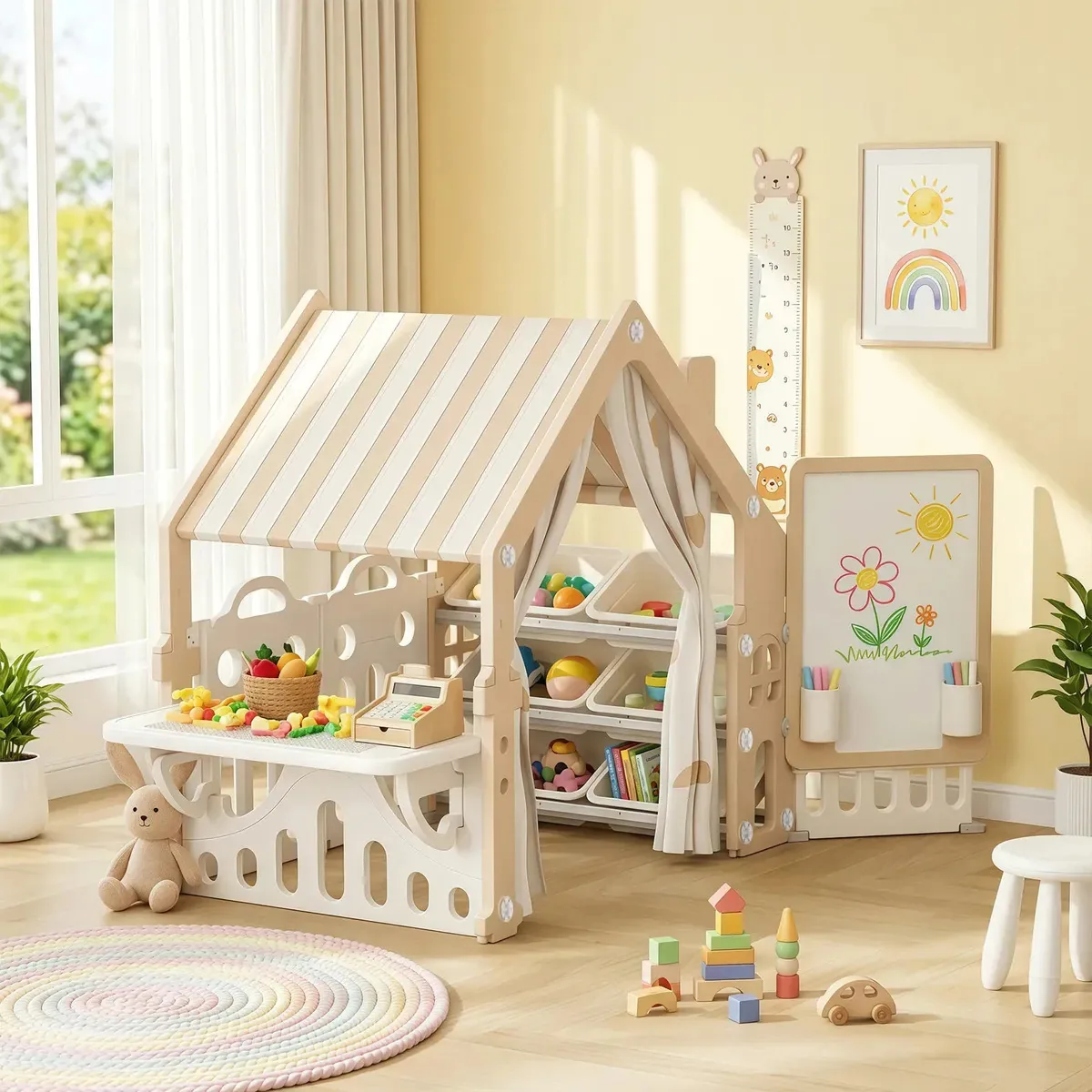 Casa infantil com organizador de brinquedos e placa de desenho cáqui