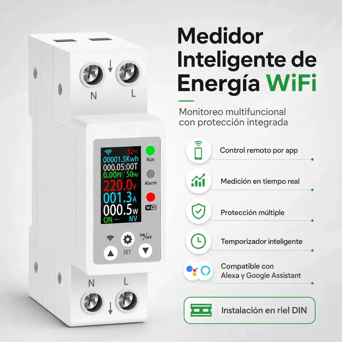 Medidor de energia WiFi inteligente 63A para trilho DIN, monitor multifuncional de consumo de energia Tuya com display digital, proteção contra sobrecarga e sobretensão compatível com Alexa/Googlehome