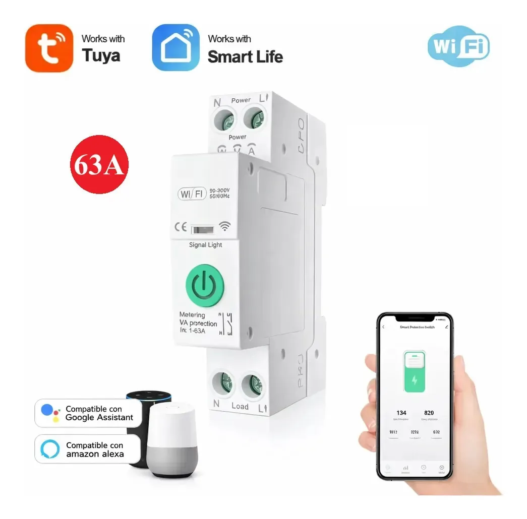 Interruptor inteligente Tuya WiFi com controle remoto, temporizador, medição de energia e proteção contra sobrecarga, disjuntor inteligente 63a (ajustável) para trilho DIN compatível com Alexa e...