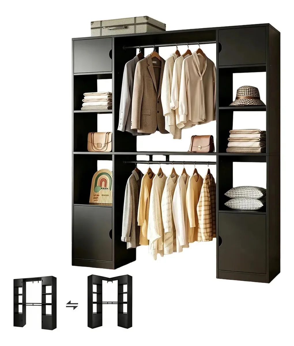 Armário, guarda-roupa, armário de roupas com prateleira e barra, 202* 170 cm, preto