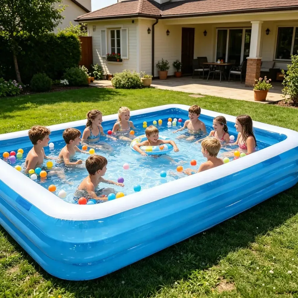 Piscinas infláveis grandes e baratas Piscina retangular inflável de 305* 180* 60 cm para crianças Piscina dobrável para famílias e crianças, inclui bola inflável, azul transparente