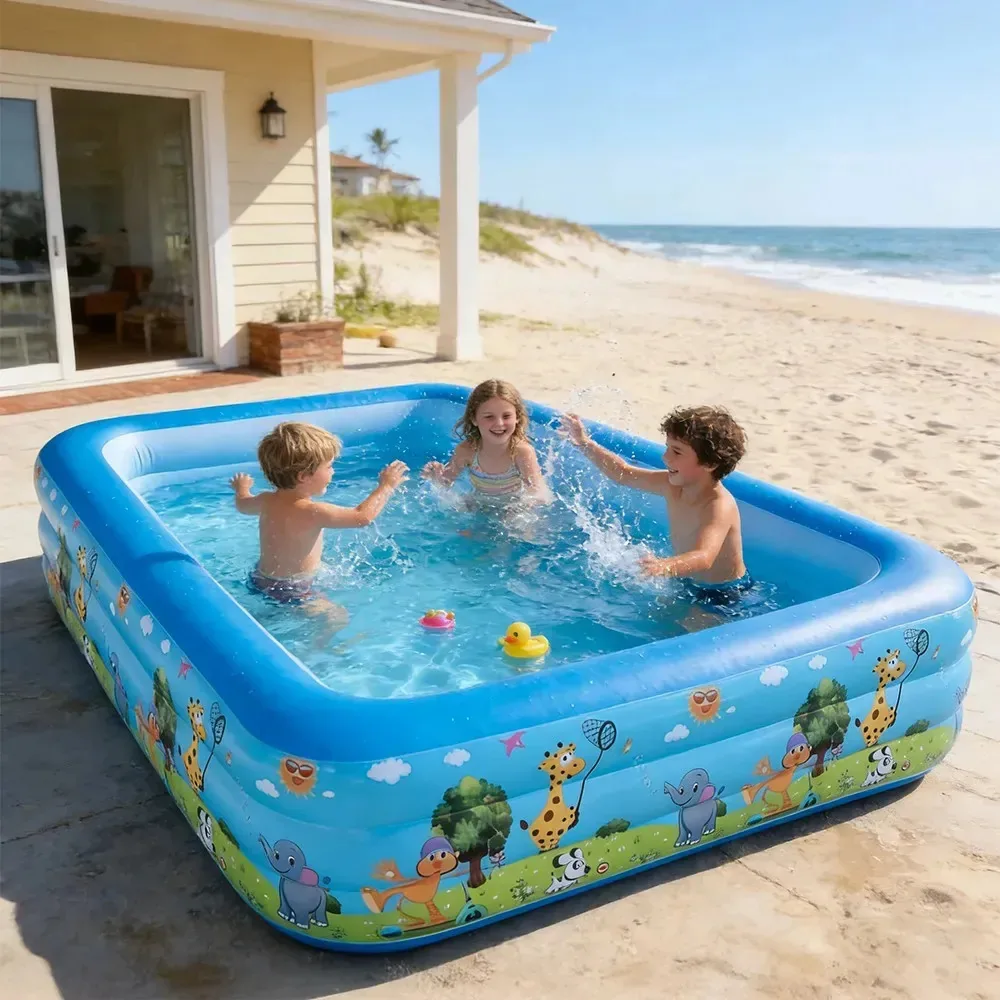 Piscinas infláveis 205* 120* 60 cm, grande e barata, piscina retangular inflável para crianças, piscina dobrável para famílias e crianças, inclui bola inflável, Kingdom Animal Blue