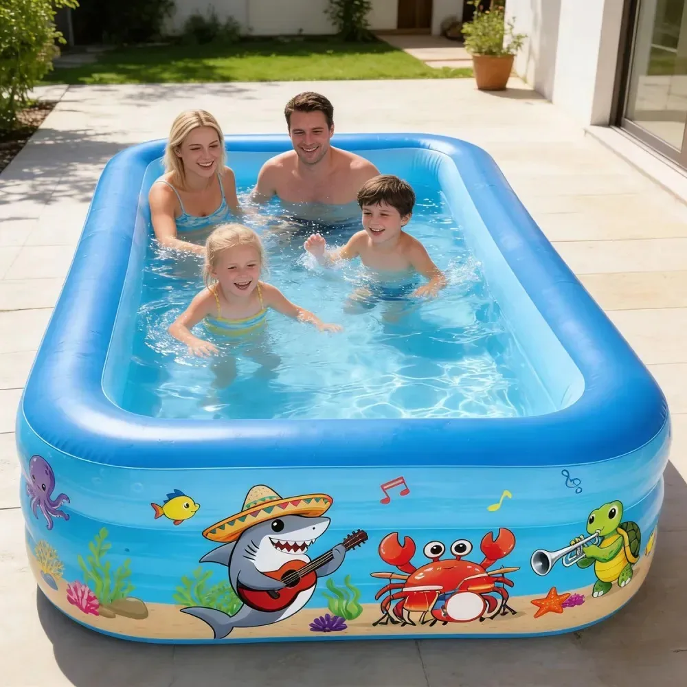 Piscinas infláveis grandes e baratas Piscina retangular inflável de 205* 120* 60 cm para crianças Piscina dobrável para famílias e crianças, incluindo bola inflável, Marine Kingdom Blue