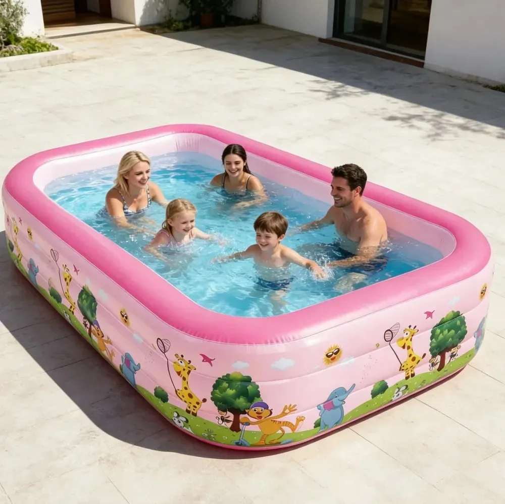 Piscinas infláveis grandes e baratas, piscina retangular inflável de 205* 120* 60 cm para crianças, piscina dobrável para famílias e crianças, inclui bola inflável, Pink Animal Kingdom