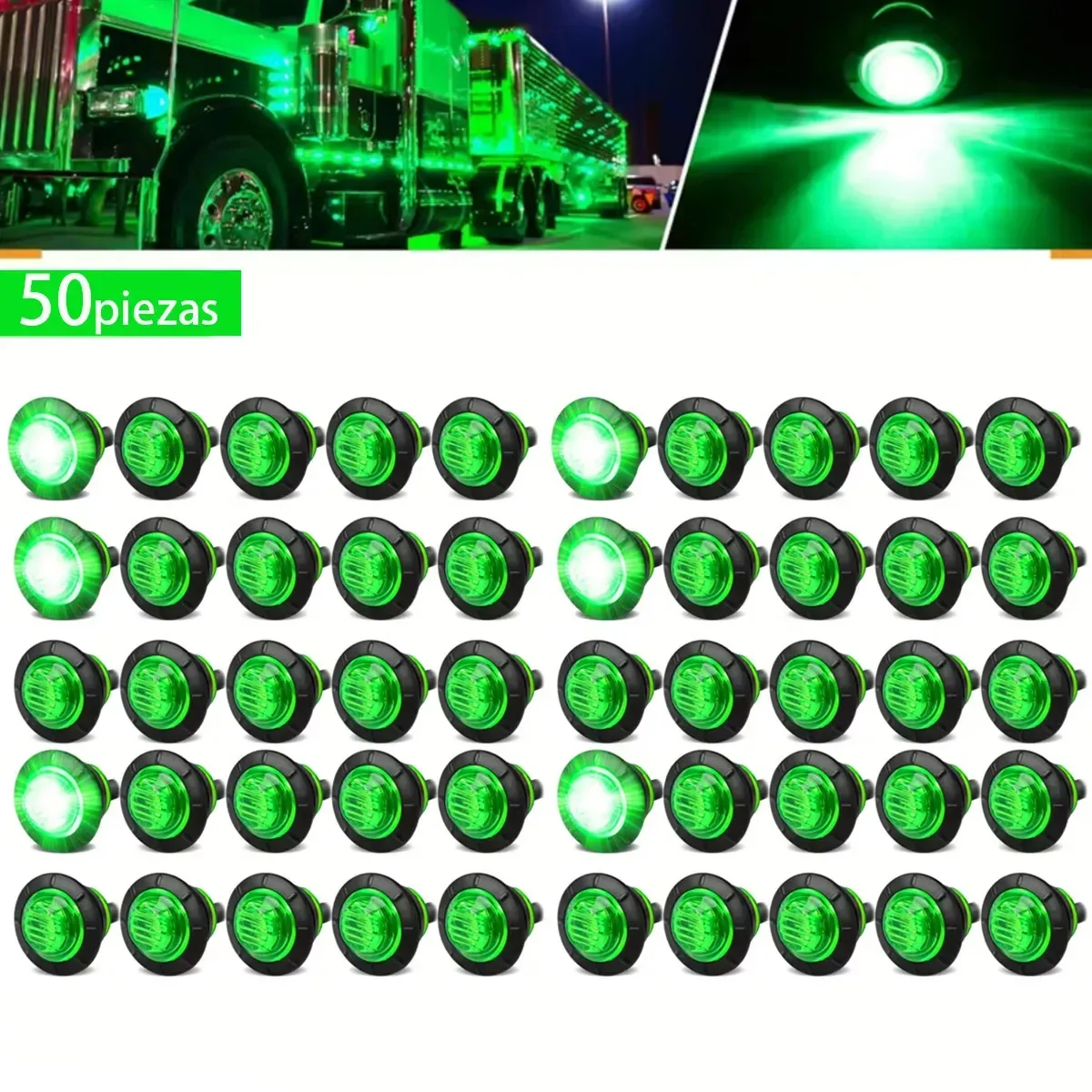 Luzes de teto de 50 peças, luzes indicadoras laterais, luz verde, compatíveis com veículos de 12 V e 24 V: motorhomes, reboques, caminhões, para capas dianteiras, traseiras, de caravanas e barcos