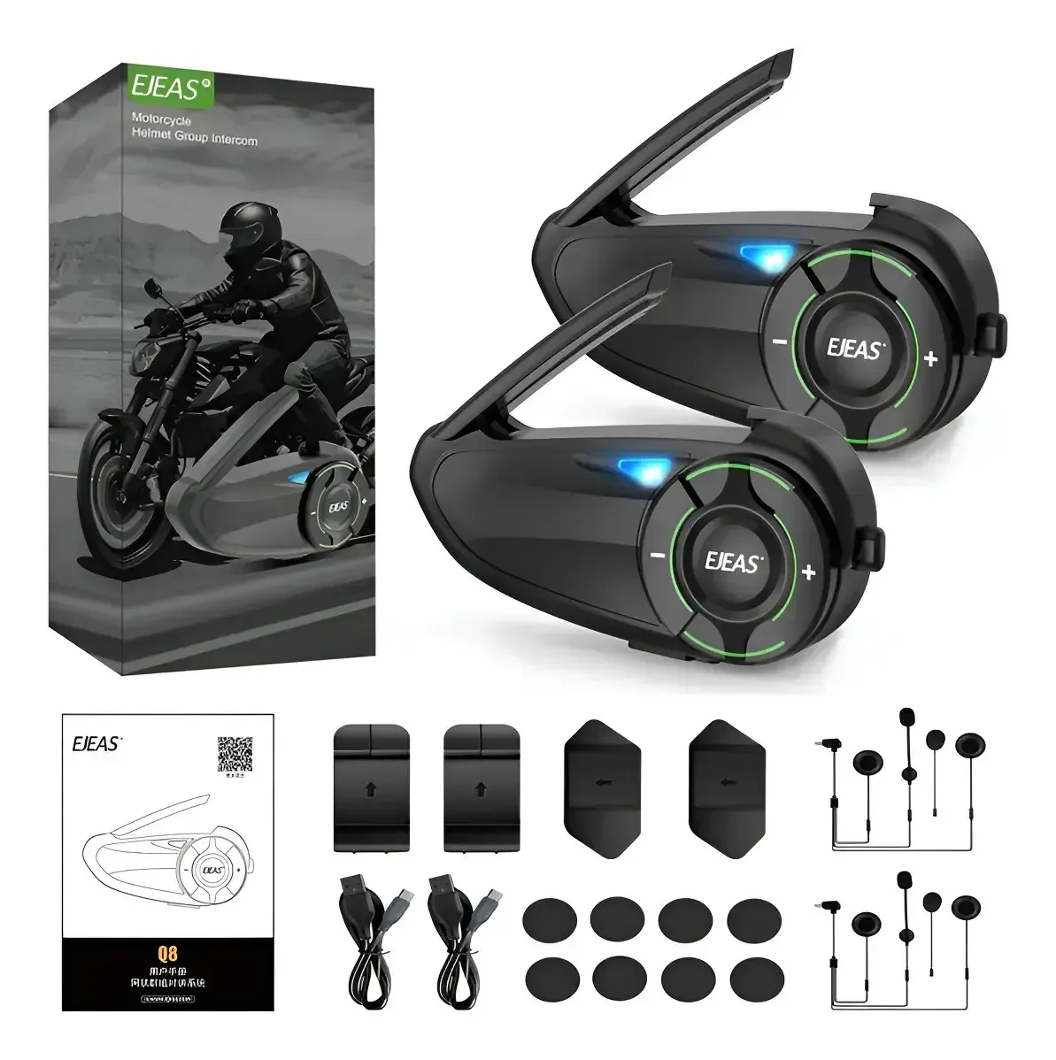 Capacete de motocicleta EJEAS Q8, fone de ouvido Bluetooth, 230 horas de espera, 6 pilotos, sistemas de comunicação em malha com áudio, multitarefa, compartilhamento de música, cancelamento de...
