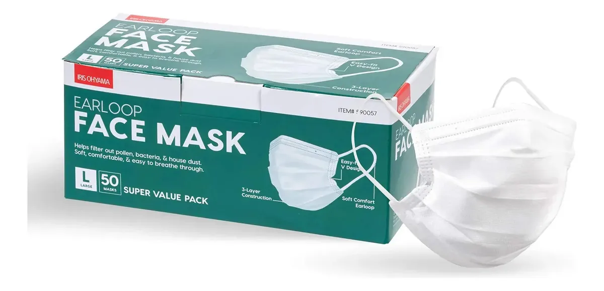 Máscaras faciais descartáveis Iris USA, pacote com 50 unidades, máscaras premium de 3 camadas, respiráveis, confortáveis, macias e elásticas para as orelhas, suaves para a pele, construção de 3...