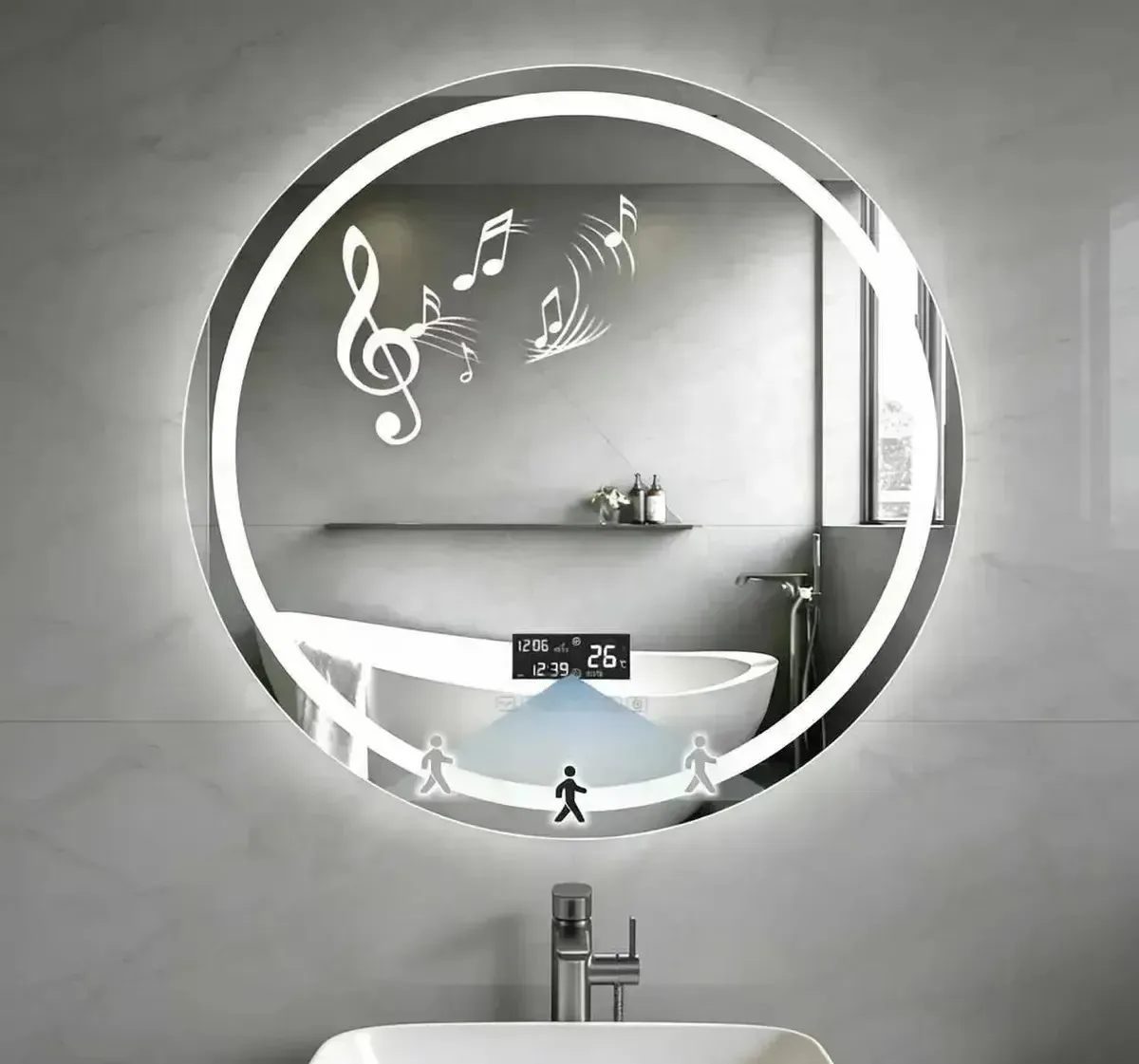 LED Seokiwi com espelhos redondos Bluetooth Espelho circular LED para banheiro - quente, neutro, branco - branco - doméstico de 60 cm (inclui: com luz)