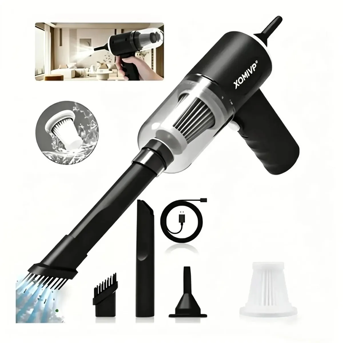 Aspirador portátil portátil sem fio Xomivp, preto. Equipado com filtro lavável, mangueira de extensão e acessórios de escova. Potência de 30w, sucção forte de 4500pa. Perfeito para uso doméstico,...