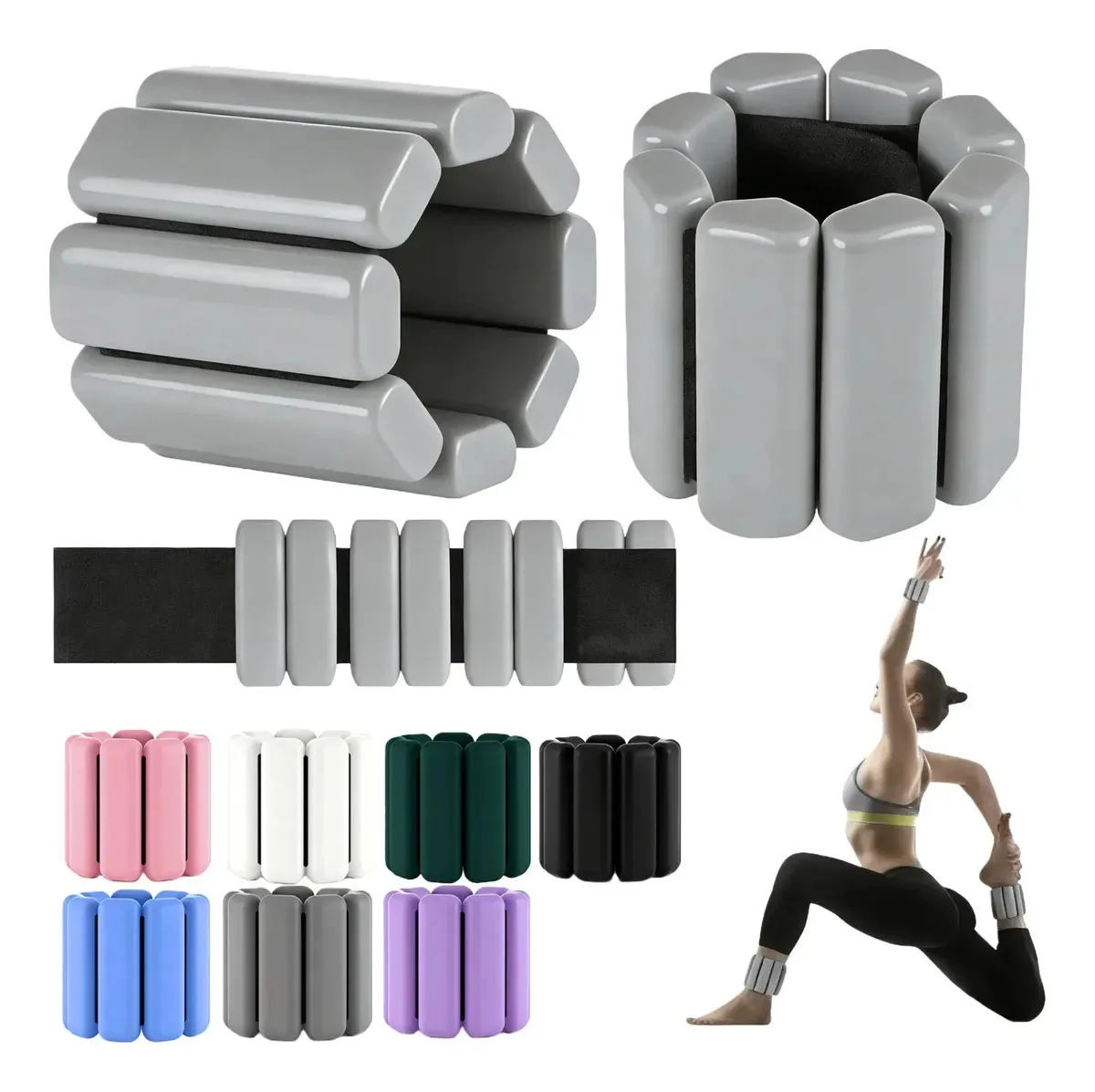 Par de tornozeleiras de 1 kg, pulseiras de peso, pulseiras de silicone, leggings, cor cinza