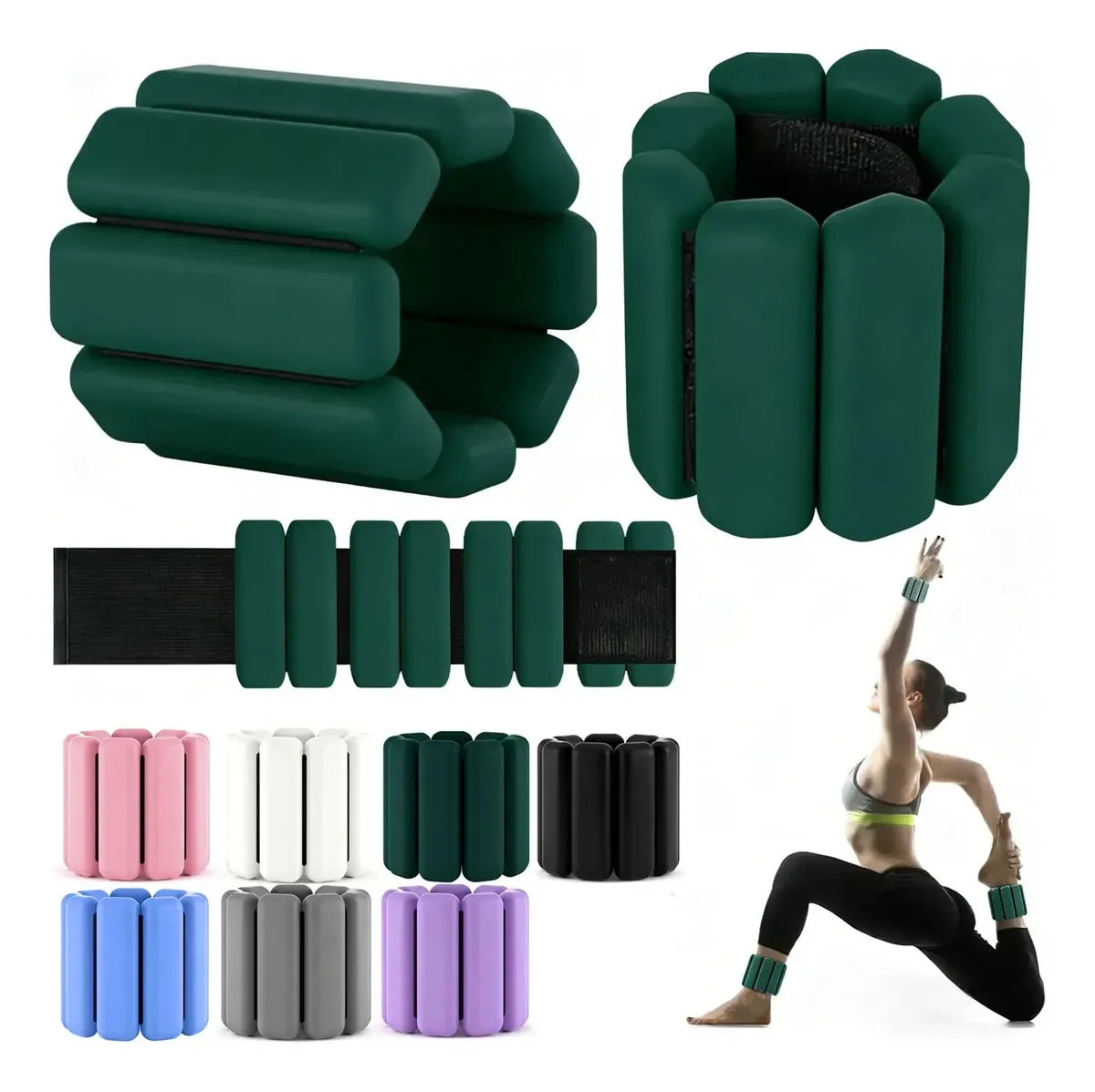 Par de tornozeleiras de 1 kg, pulseiras de peso, pulseira de silicone, leggings, cor verde
