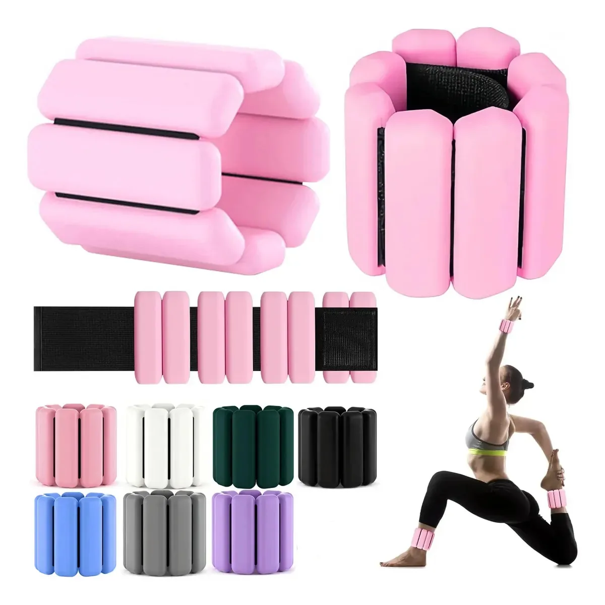 Par de tornozeleiras de 1 kg, pulseiras de peso, pulseiras de silicone, leggings, cor rosa