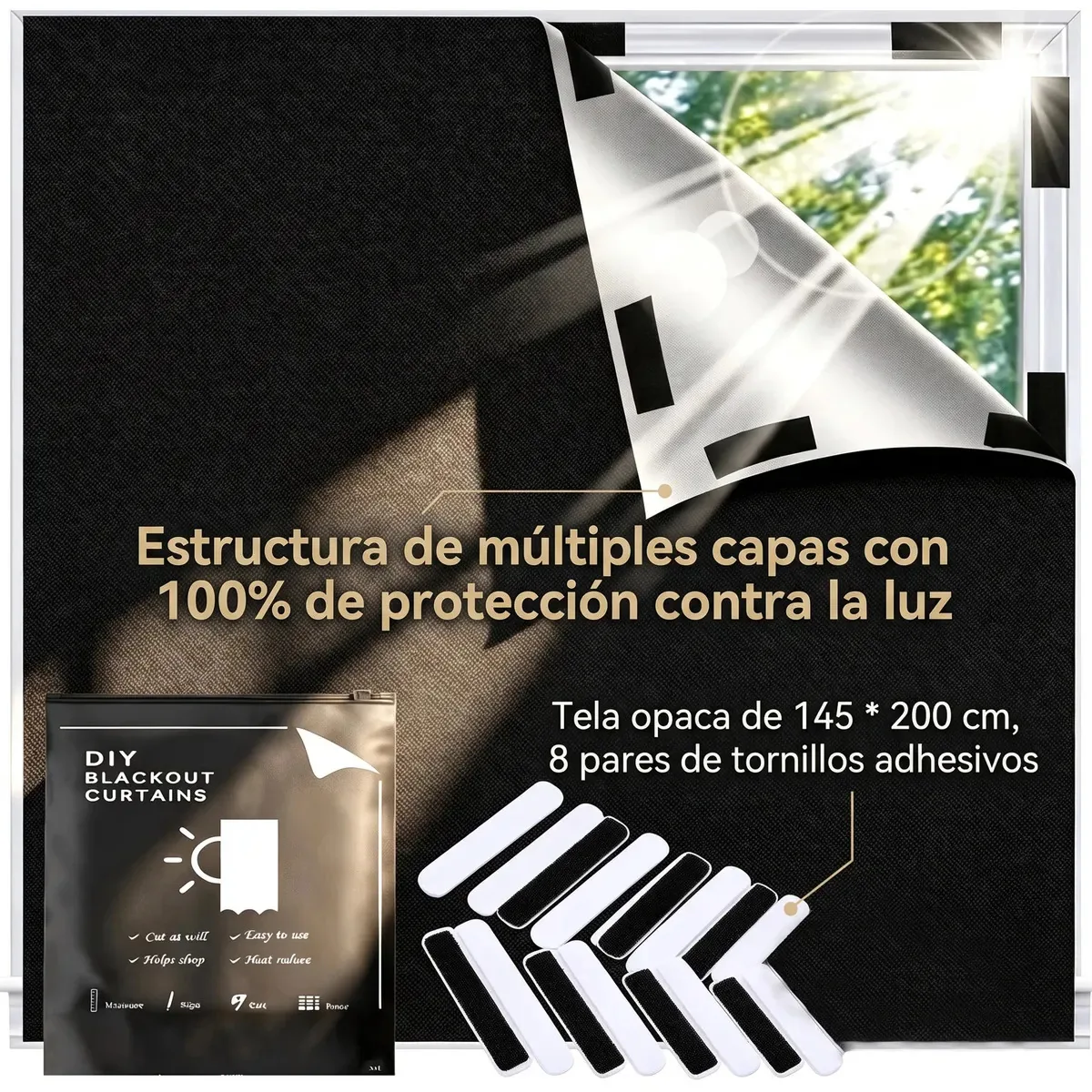 Cortinas opacas pretas de 1,45 x 2 m de espessura, cortinas e persianas portáteis, decoração de casa premium, opacas 98%, cortinas de rolo, raios UV sem formaldeído, tecido de alta densidade